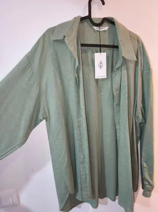 Camisa Stradivarius Lino Verde Talla L
