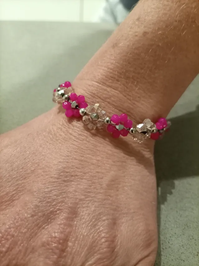 Braccialetto semirigido fiori rosa e argento