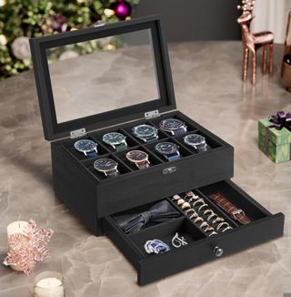 SONGMICS Caja de Relojes con 8 Ranuras, Navidad, Estuche de Relojes de Madera de 2 Niveles con Tapa de Cristal, Almohadillas, Forro de Terciopelo, Regalo de Seres Queridos, Negro Tinta JOW008B02
