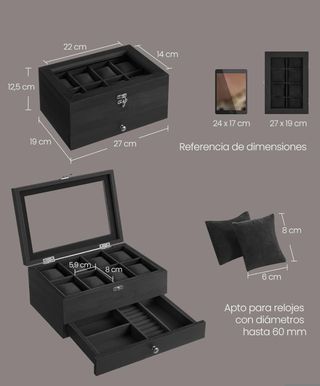 SONGMICS Caja de Relojes con 8 Ranuras, Navidad, Estuche de Relojes de Madera de 2 Niveles con Tapa de Cristal, Almohadillas, Forro de Terciopelo, Regalo de Seres Queridos, Negro Tinta JOW008B02