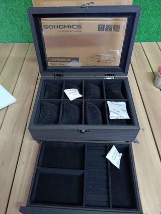 SONGMICS Caja de Relojes con 8 Ranuras, Navidad, Estuche de Relojes de Madera de 2 Niveles con Tapa de Cristal, Almohadillas, Forro de Terciopelo, Regalo de Seres Queridos, Negro Tinta JOW008B02