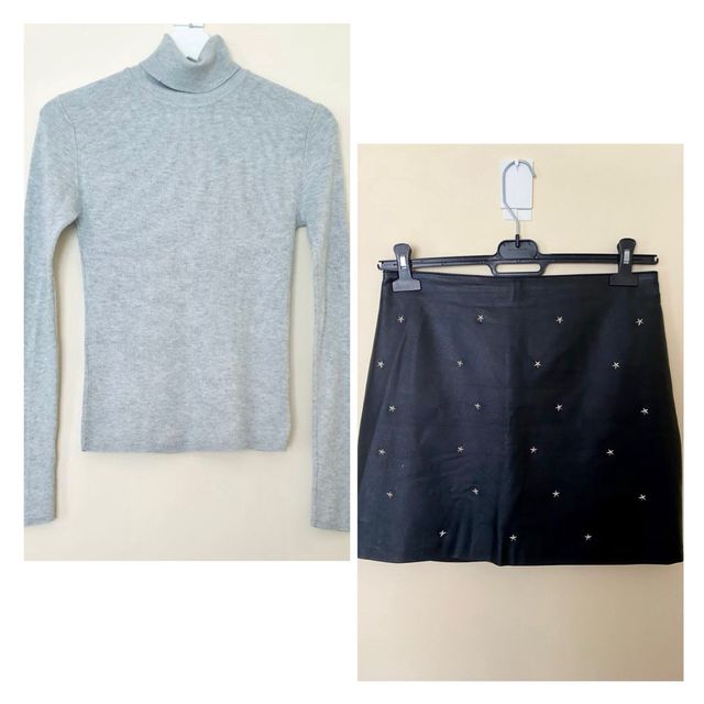 Falda negra polipiel + jersey gris - talla M