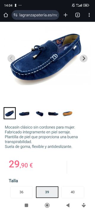 Mocasines azules de piel serraje mujer talla 39