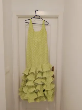 Traje de Flamenca Verde con Volantesy celeste de n