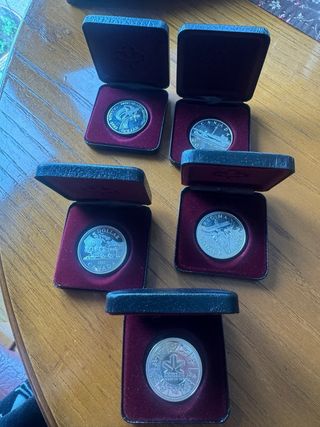 Lotto di 5 monete d'argento da 5 dollari canadesi