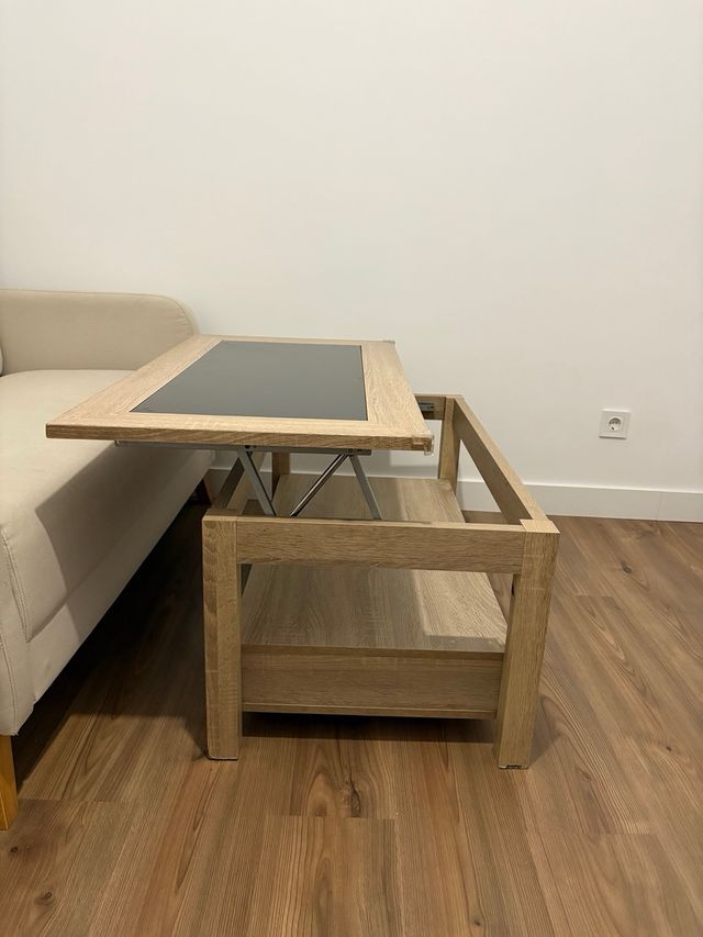 Mesa centro elevable cristal y cajones