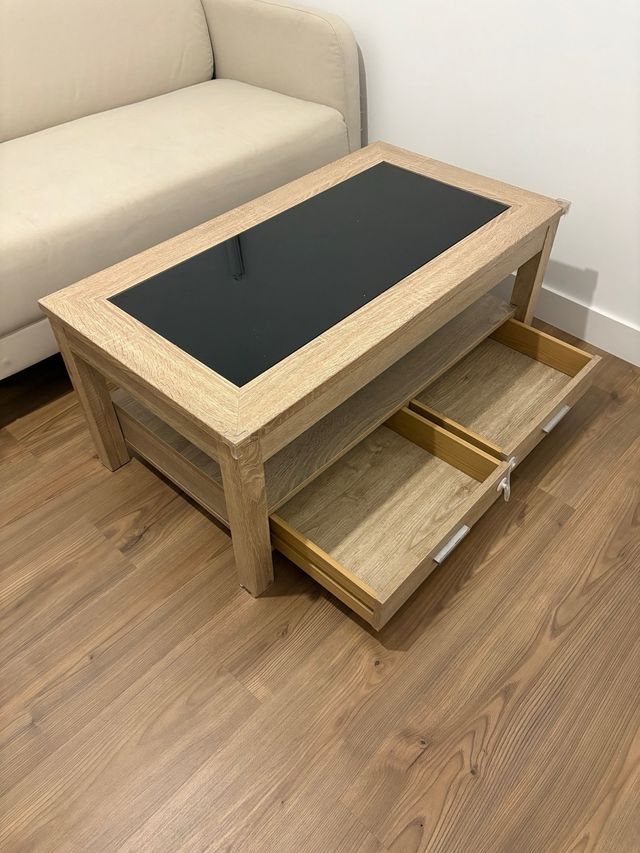 Mesa centro elevable cristal y cajones