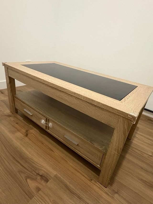 Mesa centro elevable cristal y cajones