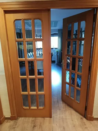 Doble puerta madera maciza y cristal