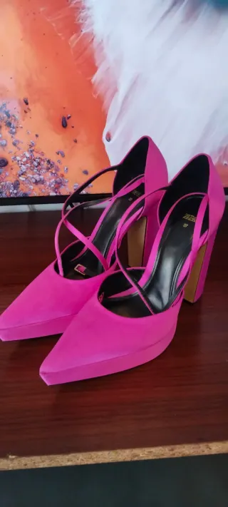 Zapatos tacón fucsia plataforma tiras 37