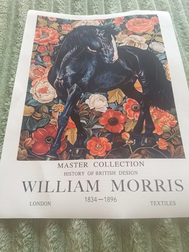 Stampa tela cavallo bianco fiori rossi