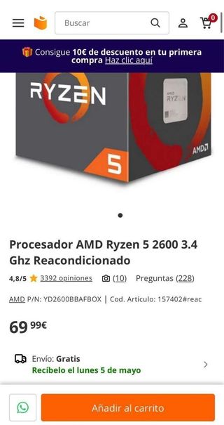 Procesador AMD Ryzen 5 2600 3,4-3,9 GHz AM4