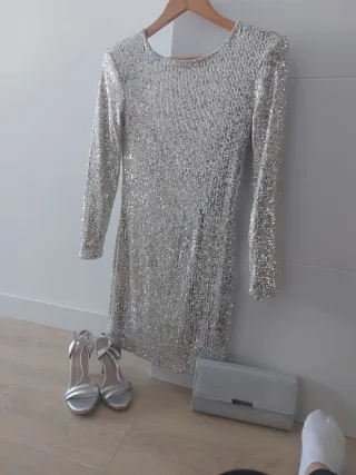 Vestido fiesta lentejuelas plateado T. S lote