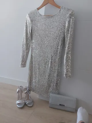 Vestido fiesta lentejuelas plateado T. S lote