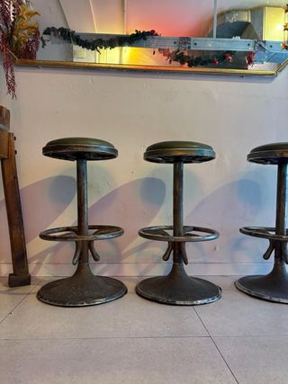 Set 3 Taburetes Vintage Piel y Metal