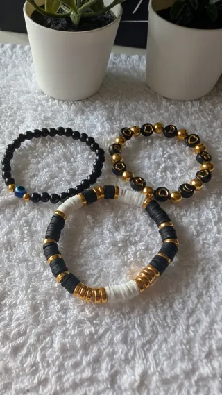 Pack 3 Pulseras Negras y Doradas Artesanales