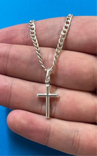 Clasica Pulsera Barbada Con Cruz Lisa Plata 925