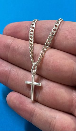 Clasica Pulsera Barbada Con Cruz Lisa Plata 925