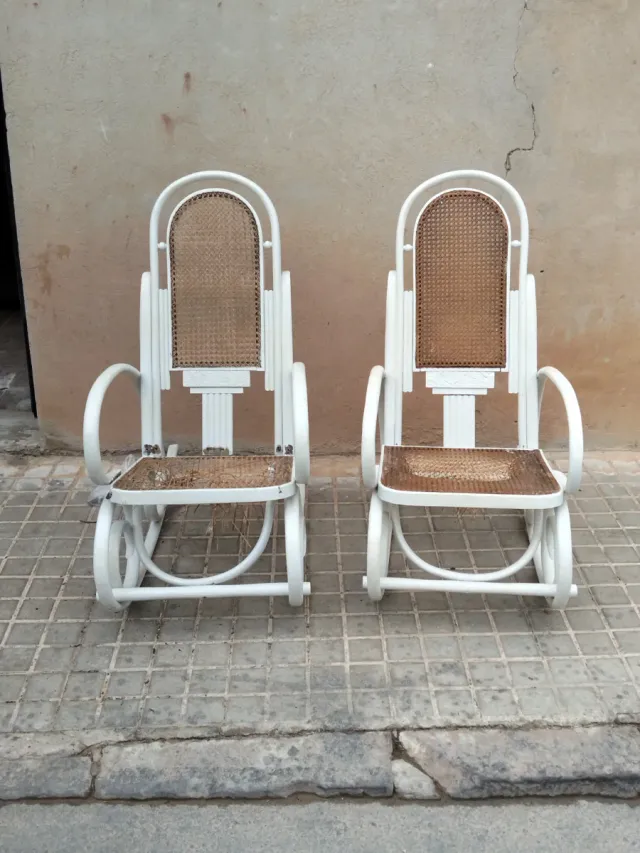 Coppia di Poltrone Sdraio Art-Deco in Rattan e Legno