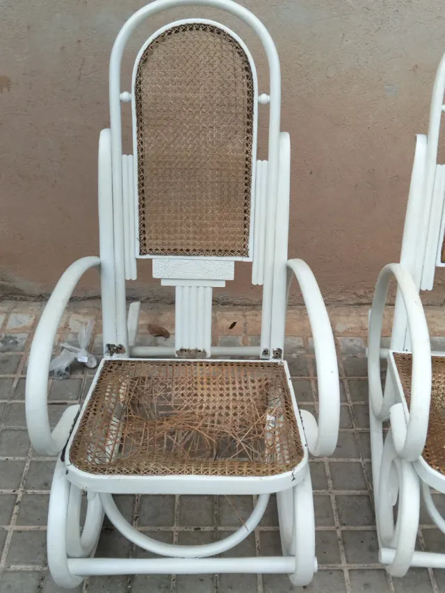 Coppia di Poltrone Sdraio Art-Deco in Rattan e Legno