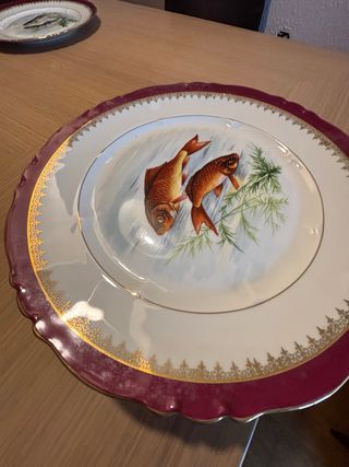 12 Piatti Antichi Limoges Pesci Porcellana