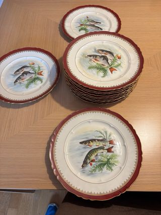 12 Piatti Antichi Limoges Pesci Porcellana