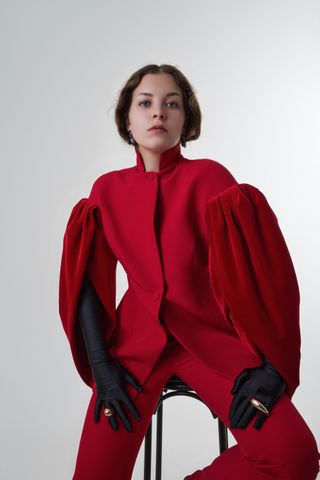 Traje chaqueta y pantalón terciopelo rojo