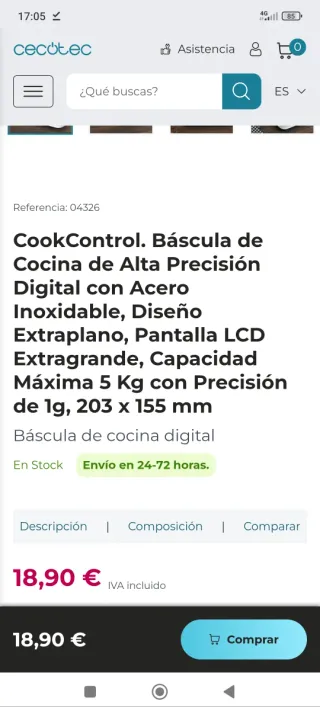 Báscula Cocina Cecotec CookControl 5kg