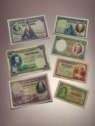 Billetes antiguos 5, 10, 25, 50, 100 Pts