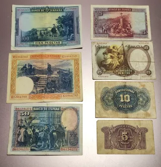 Billetes antiguos 5, 10, 25, 50, 100 Pts