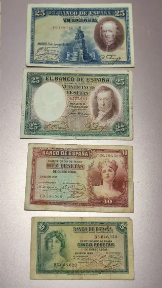 Billetes antiguos 5, 10, 25, 50, 100 Pts