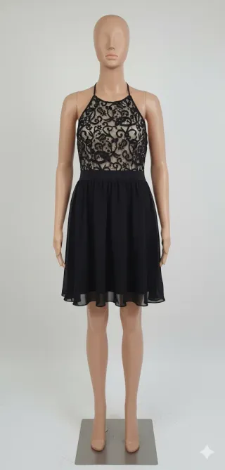 Vestido de fiesta negro y beige