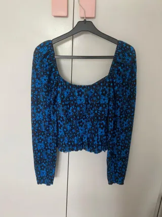 Blusa Zara Estampada Flores Azul/Negro