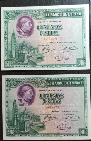 Pareja correlativa billetes 500 pesetas 1928