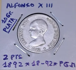 2 Pesetas Alfonso XIII 1892 Plata