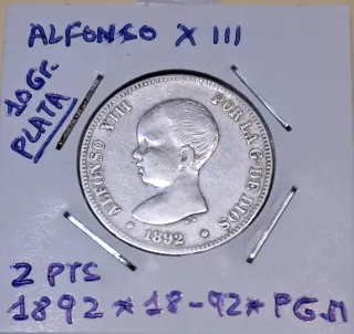 2 Pesetas Alfonso XIII 1892 Plata