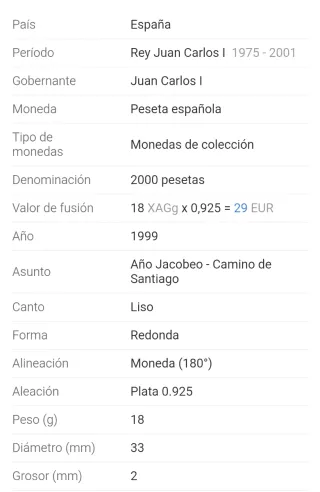 Moneda 2000 Pesetas Plata 1999 Juan Carlos I