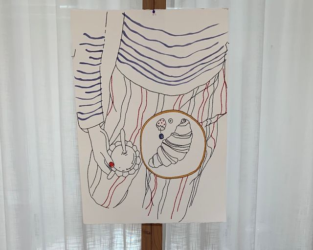 Cuadro decorativo papel azul y rojo 56x76cm