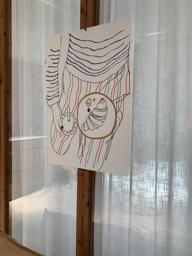 Cuadro decorativo papel azul y rojo 56x76cm