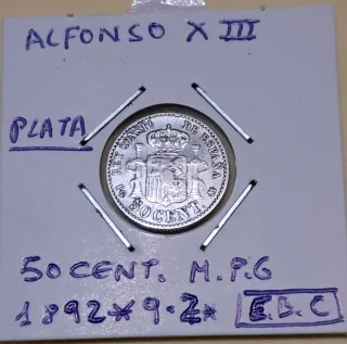 Moneda Alfonso XIII 50 Céntimos 1892 Plata