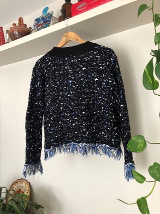 Cárdigan tweed negro con flecos