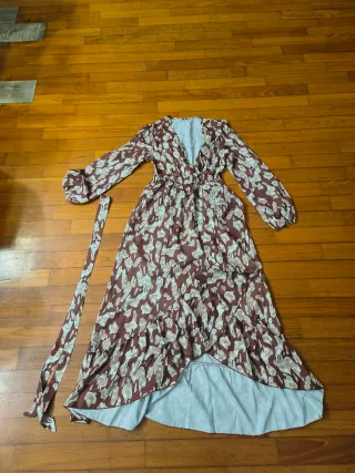 Vestito lungo fantasia marrone e beige