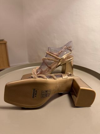 Sandalo donna tacco 7,5 cm, oro rosa