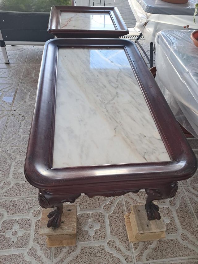 Conjunto mesas salón mármol y madera