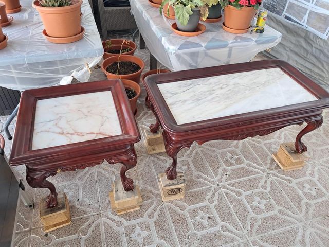 Conjunto mesas salón mármol y madera