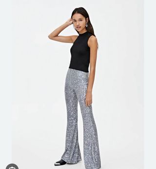Pantalón campana lentejuelas plateado