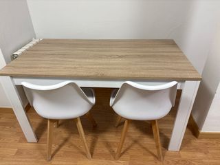 Tavolo da pranzo e 3 sedie in legno e plastica