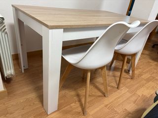 Tavolo da pranzo e 3 sedie in legno e plastica