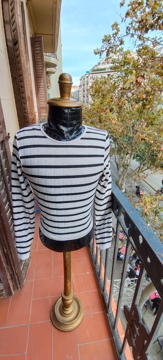 Camiseta térmica Stradivarius rayas marfil-azul