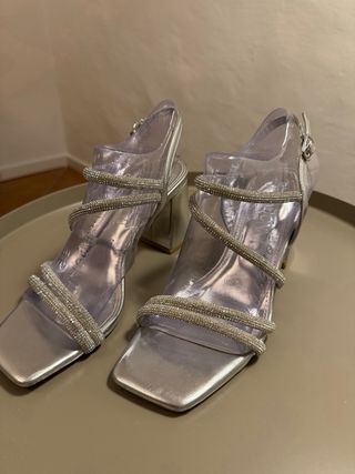 Sandalo donna tacco largo strass argento